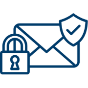Envelope with a shield and checkmark symbol representing secure email and collaboration. A padlock is shown in the foreground to emphasize data protection.